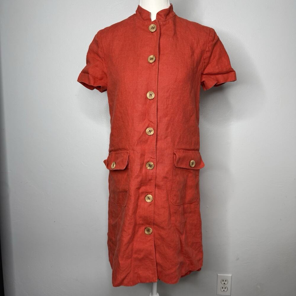 Oberon New York Red Orange Linen Button Front Dress Size 4 Short Sleeve Pockets
